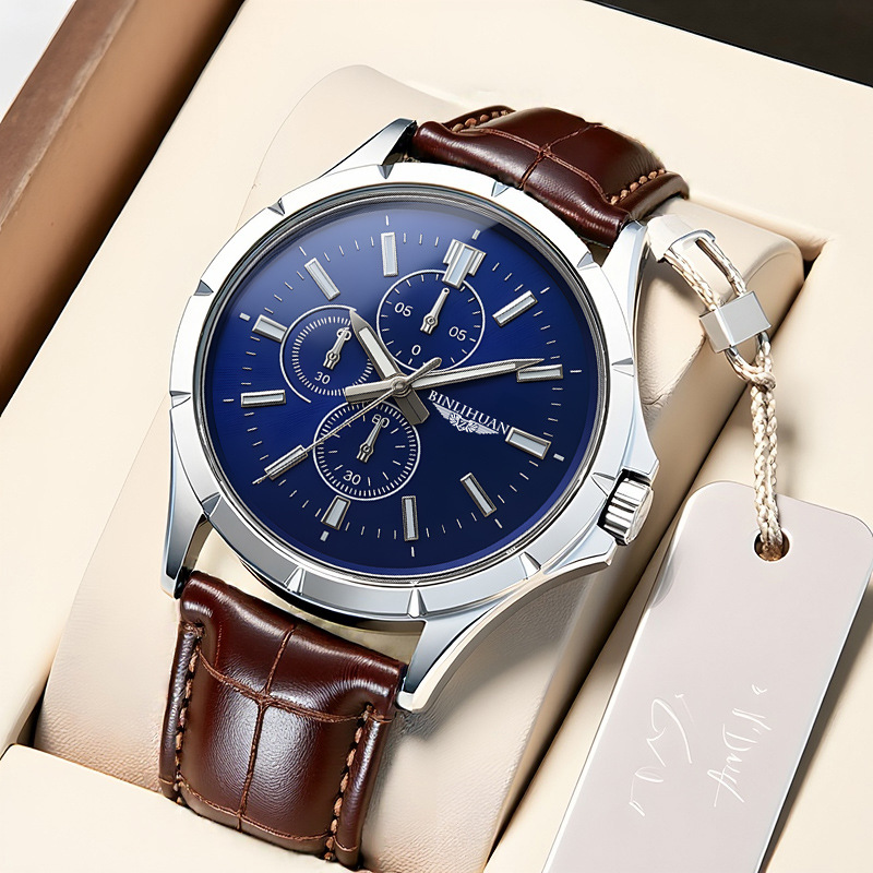 Leather Watch Band Men - Orologio da Polso Cronografo al Quarzo