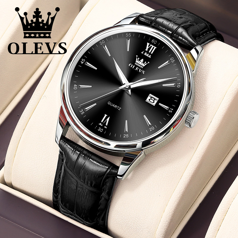Leather Watch Band Men - Orologio da uomo al quarzo OLEVS